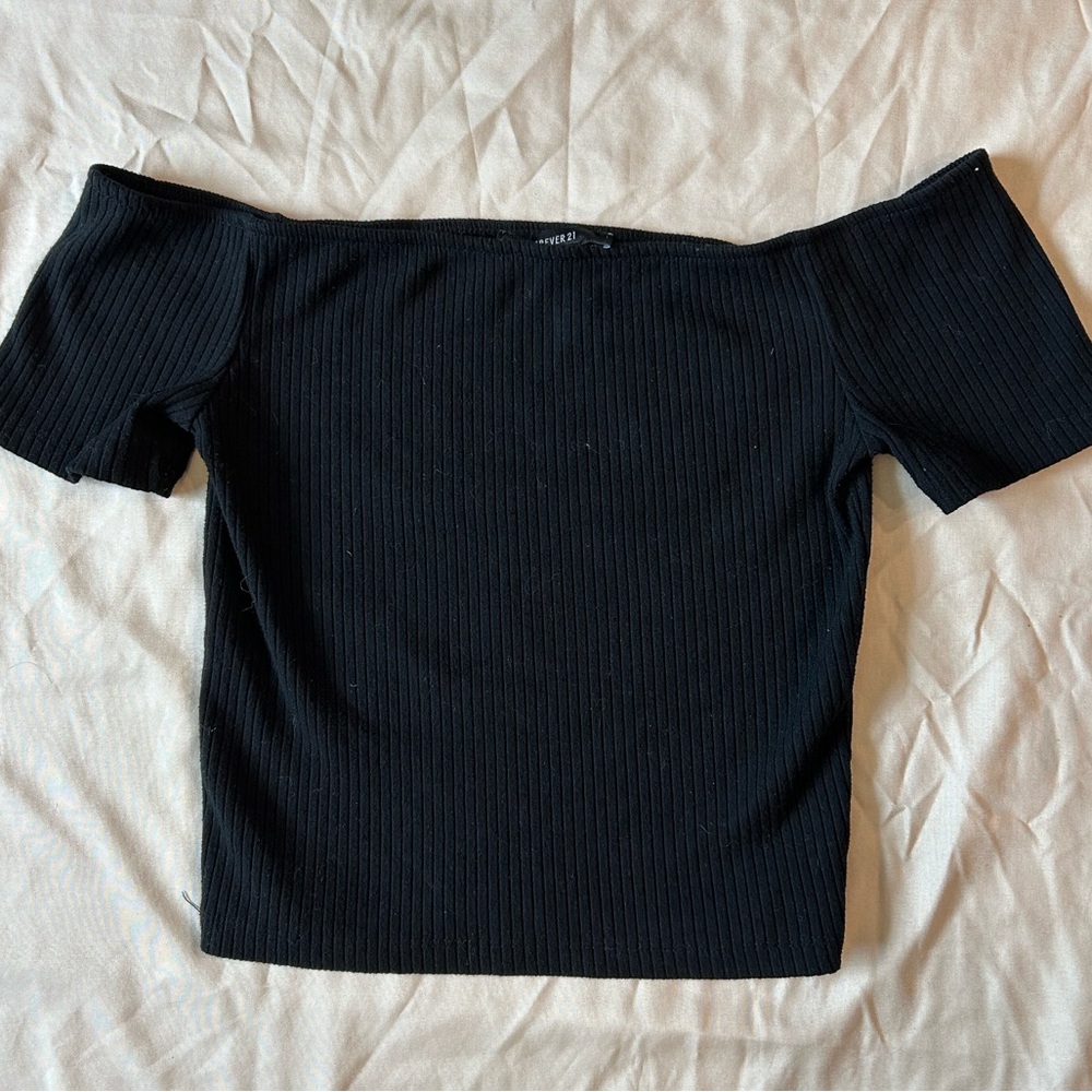 Forever 21 Black Ribbed Off-Shoulder Top